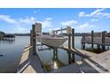 View of private boat slip featuring boat lift on sparkling lake at 19634 Bustle Rd, Cornelius, NC 28031