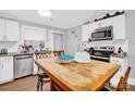 Kitchen with white cabinets, wood table and stainless steel appliances at 911 Elm St, Kannapolis, NC 28081