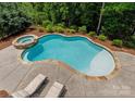 Inviting backyard with a freeform pool, integrated spa, and lounge area surrounded by lush trees at 334 Cotton Field Rd, Indian Land, SC 29707