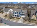 Overhead view of a lovely blue home with a two-car garage and a spacious backyard at 2607 White Pines Ct, Monroe, NC 28112