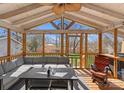 Screened in sunroom with comfortable seating, fan, and natural light, ideal for outdoor living at 443 Picadilly Ln, Troutman, NC 28166