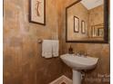 Stylish powder room with pedestal sink and decorative wallpaper at 11756 Easthampton Cir, Charlotte, NC 28277