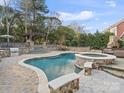 An inviting backyard pool with a spa, built-in grill, and ample seating surrounded by lush greenery and a well-manicured patio at 209 Choate Ave, Fort Mill, SC 29708