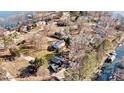 Lakefront property aerial view, highlighting mature trees, and lush landscaping on a sunny day at 3995 Burton Ln, Denver, NC 28037