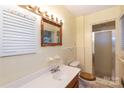 Cozy bathroom showcasing a classic vanity, shower, and nautical themed decor at 128 Summerlea Dr, Charlotte, NC 28214