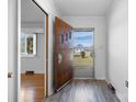 Foyer with grey vinyl floors, brown door with glass panels, and view into living area at 63 Wagner Rd, Taylorsville, NC 28681