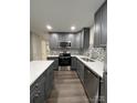Modern kitchen featuring gray cabinets, quartz countertops, and stainless steel appliances at 9103 Exbury Ct, Charlotte, NC 28269