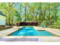 Sparkling saltwater pool featuring a sun shelf and tranquil waterfall, surrounded by lush greenery at 8384 Blades Trl, Denver, NC 28037