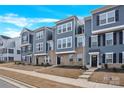 Charming townhome showcasing a well-maintained exterior with blue siding and brick accents at 112 August Ln, Matthews, NC 28104