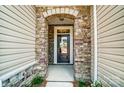 Inviting entryway with stone archway and a dark front door at 14730 Tamarack Dr, Charlotte, NC 28278