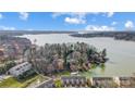 Breathtaking aerial view showcasing waterfront property surrounded by tranquil waters, mature trees and dock at 14021 Queens Harbor Rd, Charlotte, NC 28278