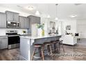 Open concept kitchen with gray cabinets, granite countertops, a breakfast bar, and views into the adjacent living room at 731 Gondola Ct # 117, Salisbury, NC 28144