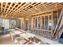 Spacious, unfinished living room with exposed frame, brick fireplace, and natural light beaming through at 6230 Old Mocksville Rd, Salisbury, NC 28144