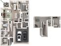 3D floor plan of a two-story house with labeled rooms, furniture and two car garage at 8632 Pennegrove Cir, Charlotte, NC 28214