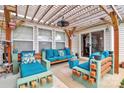 Inviting outdoor patio with comfortable seating, overhead fan, and stylish decor underneath a pergola at 9205 Camberwell Rd, Mint Hill, NC 28227