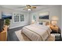 Comfortable bedroom featuring soft lighting, neutral tones, and scenic outdoor views at 316 Epperstone Ln, Matthews, NC 28105
