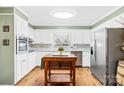 Bright kitchen featuring white cabinetry, stainless steel appliances, and a stylish butcher block island at 827 Lakeside Cir, Lancaster, SC 29720