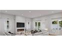 Bright living room with a modern fireplace, sleek furniture, large windows, and elegant curtains with a view of the lake at 7443 Paddle Ln # 55, Sherrills Ford, NC 28673