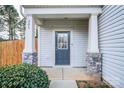 Welcoming front door with stone accents, white pillars, and a neatly trimmed front shrub at 203 Makayla Ct, Fort Mill, SC 29715