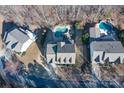 Aerial view of backyard oasis, featuring pool, spa and privacy from mature trees at 228 Black Mountain Dr, Fort Mill, SC 29708