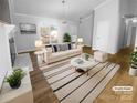 Bright, staged living room featuring a fireplace, large windows, modern furnishings, and a striped rug on wood floors at 6440 Tivoli Ct, Charlotte, NC 28211