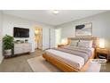 Staged primary bedroom features a modern bed frame, ensuite bathroom, and ample closet space at 4427 Wills Way, Charlotte, NC 28227