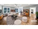 Bright, virtually staged living room featuring hardwood floors, a striped rug, and contemporary furnishings at 1210 Aragon Beach Rd, Rock Hill, SC 29732