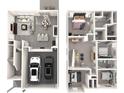3D floor plan showcasing the layout of the home, including furniture and garage parking at 912 Smithcliffs Trl, York, SC 29745