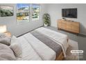 Relaxing main bedroom with a large window offering neighborhood views, a ceiling fan, and a wood dresser at 9645 Hanberry Blvd # 47, Charlotte, NC 28213