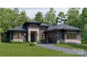Modern single-story home with gray siding, stone accents, a gray driveway and a well-maintained lawn at 519A Huffstetler Rd, Gastonia, NC 28056
