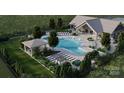 Aerial view of luxurious community pool, clubhouse, lounge chairs, cabanas, and lush landscaping at 1279 Kindness Nw Ct, Concord, NC 28027