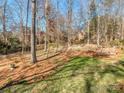 Lush backyard with mature trees, a wooden fence, and a well-maintained lawn at 8111 Sealey Ct, Charlotte, NC 28277