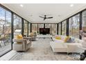 Bright living room features floor-to-ceiling windows, contemporary furnishings, and views of a wooded backyard at 341 Beckwick Ln, Concord, NC 28025