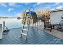 Lakefront dock with a slide and seating area offers a perfect spot for water activities and relaxation at 547 Lake Shore Dr, Norwood, NC 28128