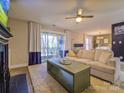 Comfortable living room showcases neutral tones, a fireplace, and a sliding glass door to the outdoor deck at 3300 Selwyn Farms Ln # 5, Charlotte, NC 28209