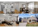 Collage showcasing the kitchen, dining room, bedroom, and exterior of the beautiful home at 6015 Pleasant Run Dr, Matthews, NC 28104