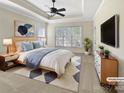 Cozy bedroom featuring tray ceilings, a ceiling fan, soft lighting, and neutral decor at 1421 Wilburn Park Nw Ln, Charlotte, NC 28269