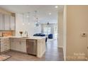 Open concept kitchen with gray cabinets, stainless appliances, and large island flowing into living area at 3630 N Davidson St, Charlotte, NC 28205