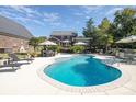 Backyard pool surrounded by lounge chairs, tables, umbrellas and an outdoor dining space at 3099 Trinity Church Rd, Concord, NC 28027