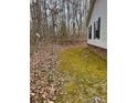 The side yard of the home has a mix of moss and leaves on the ground with a treeline in the background at 410 Johnstone Rd, Cleveland, NC 27013