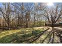 Expansive backyard featuring a well-maintained lawn and mature trees, offering a serene and spacious outdoor environment at 13701 Dawlish Ln, Pineville, NC 28134