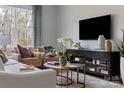 Well-decorated living room with large window, plush seating, modern furnishings, and beautiful outdoor view at 7012 Matz Way, Charlotte, NC 28269