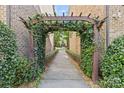 Arched wooden trellis covered in ivy leads to a walkway between two brick buildings at 225 Lincoln St, Charlotte, NC 28203