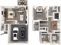 3D view of a two-story home with furniture, appliances, and two-car garage at 2102 Morgan Hills Dr, Albemarle, NC 28001