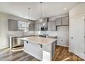 Stylish kitchen featuring gray cabinets, quartz countertops, stainless steel appliances, and pendant lighting at 8005 Downy Oak Ln, Charlotte, NC 28269