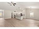 Open-concept living area with wood-look floors, kitchen with an island, modern lighting, and stainless steel appliances at 3524 Narrow Ln, Charlotte, NC 28215