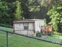 View of mobile home with small porch, light siding, brown roof, and fenced yard, needs TLC at 1000 Jl Tyson Dr, Gastonia, NC 28056