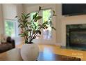 Close-up of decorative foliage on a living room table with a fireplace and doors at 3304 Taviston Dr, Waxhaw, NC 28173