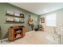 Stylish bedroom with a guitar, records, and an olive green wall at 3104 Timber Mill Dr, Matthews, NC 28104