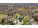 Stunning aerial view of a gray home surrounded by lush greenery and mature trees in a serene neighborhood at 8201 Tonawanda Dr, Charlotte, NC 28277